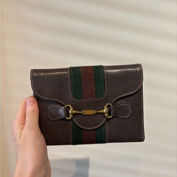 Vintage Gucci trifold Wallet brown leather classic horsebit ribbon web stripe - Picture 2 of 7
